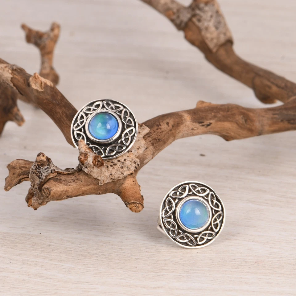 Pendientes de plata 925 suroeste hechos a mano con forma redonda azul ópalo aurora Foto 4 de 4