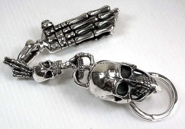 BIG SKULL 925 STERLING SILVER KEYCHAIN WALLET BELT HOLDER MENS BIKER NEW HEAVY - Image 3 of 4