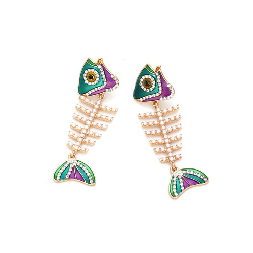 Lovely Enamel Crystal Pearl Fish Bone Skeleton Earbob Dangle Earrings - Picture 3 of 7