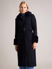 BNWT Ted Baker Lyddiia Slim Fit Wool Blend Faux Fur Trim Coat,Navy Sz:12 RRP£350