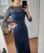 Alex Evenings Mesh Bejeweled Blue Gown Dress Size 6 P fits regular NEW