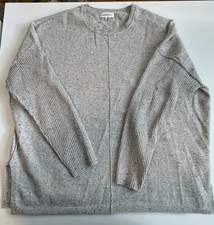 DKNY Pure Crew Neck Gray Heather Sweater with Ribbed Sleeves Side Slits at Hem