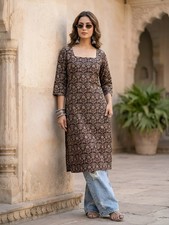 Indian Women Black Pure Cotton Floral Print Kurta Kurti Top Tunic Trending Dress