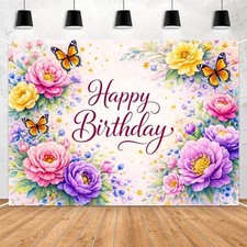 Happy Birthday Floral Backdrop, 5x3ft Birthday Banner, Colorful Flower and