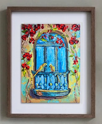 Vögel Fenster Ölbild 21x26 cm Blumen Papageien Gemälde mit Rahmen - Bild 1 von 4