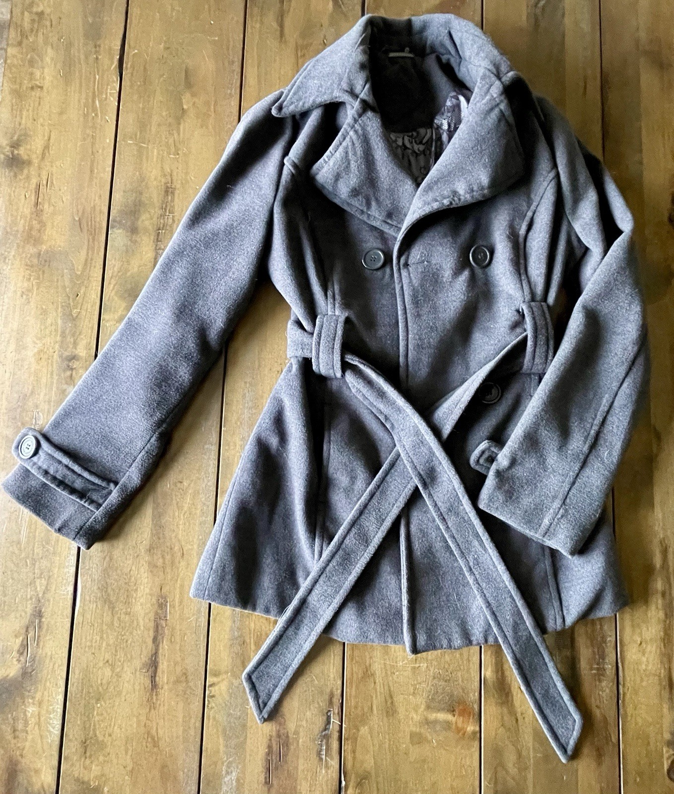JouJou Womens Peacoat Belted Double Breasted Gray Wool Blend Jacket (Size M)