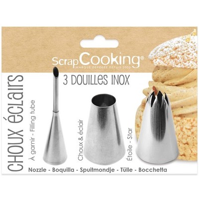 Spritztüllen Set 3er Edelstahl für Eclairs Krapfen Puffs ScrapCooking 1831