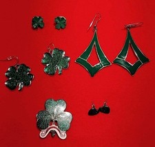 Lot of green shamrock and clover themed Earrings and pins