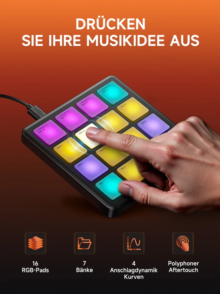 Donner STARRYPAD MINI Tragbare Drum-Maschine mit 16 Pads, USB-MIDI, 7 Bänke - Bild 2 von 4