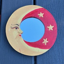 Vintage Moon Star Celestial Wooden Mirror Red And Yellow Bohemian Hippie Whimsy