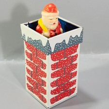 Santa in Chimney Wind-Up Toy Tin Box MCM Old Fashion Xmas Decor Japan 1950s VTG