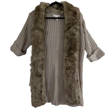 Kenar Wool Alpaca Cardigan XL Penny Lane Open Chunky Knit Faux Fur Brown NEW