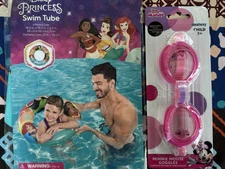 Disney Princess Ariel Moana Ring Swim Tube Toy Pool Float & Minnie Goggles