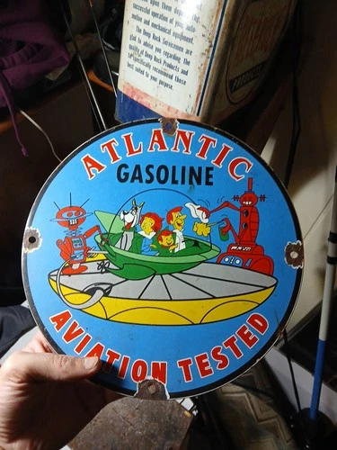 VINTAGE RARE ATLANTIC GASOLINE JETSONS 10” PORCELAIN METAL SIGN CAR GAS OIL AD