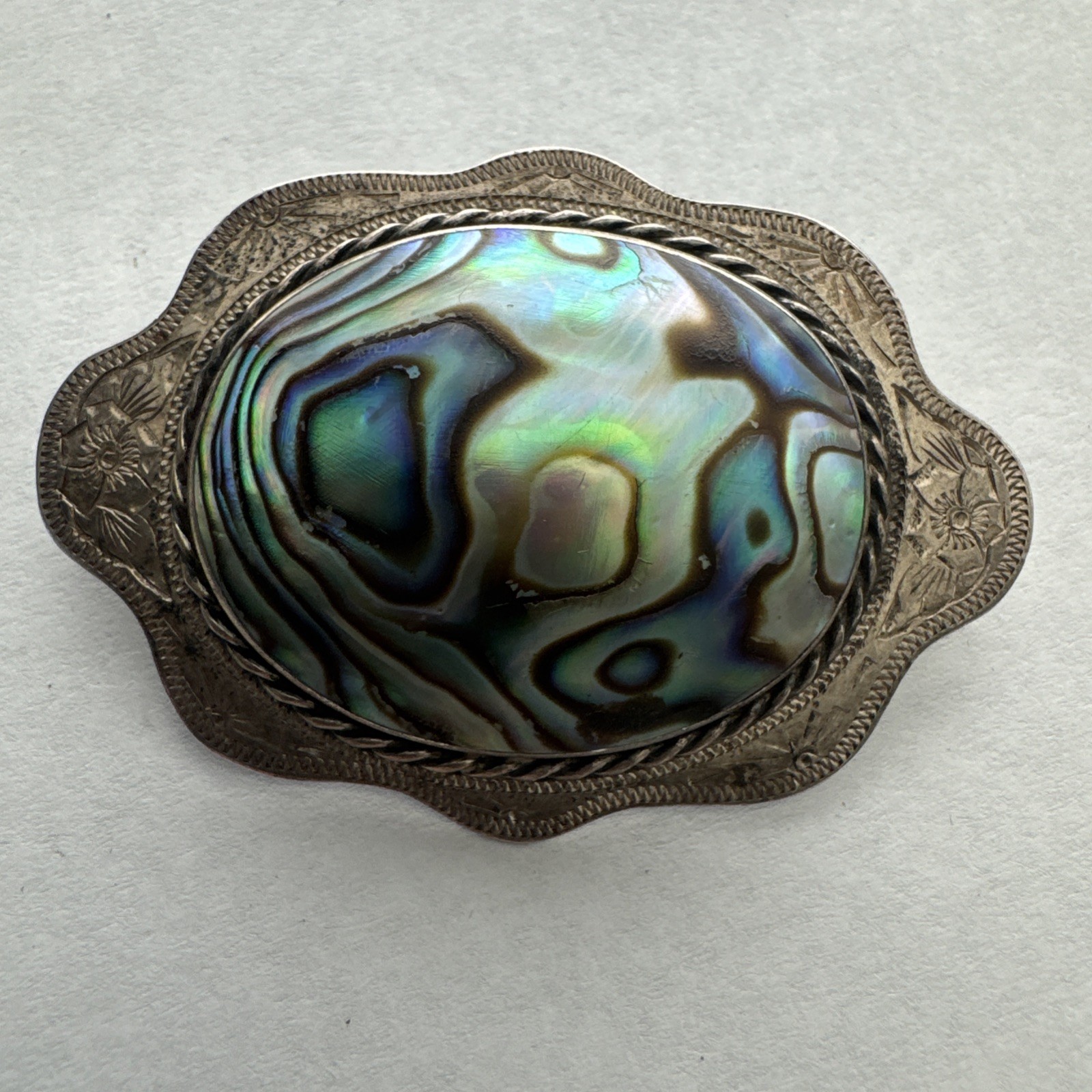 SOLID STERLING SILVER Large Rare PAUA SHELL BROOCH - image 2