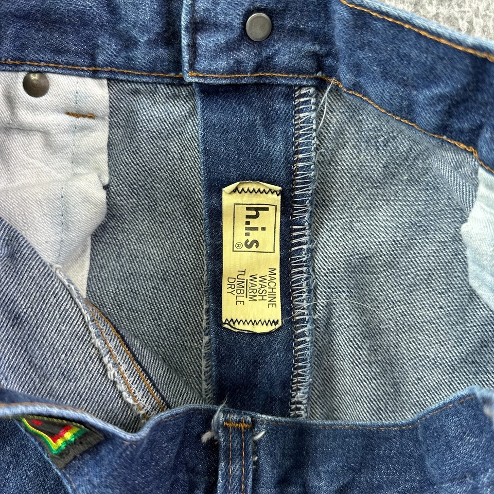 Pantalones de mezclilla H.I.S vintage elegantes para mujer 28 azules mamá dobladillo crudo tiro alto años 70 80 28x25 Foto 3 de 4
