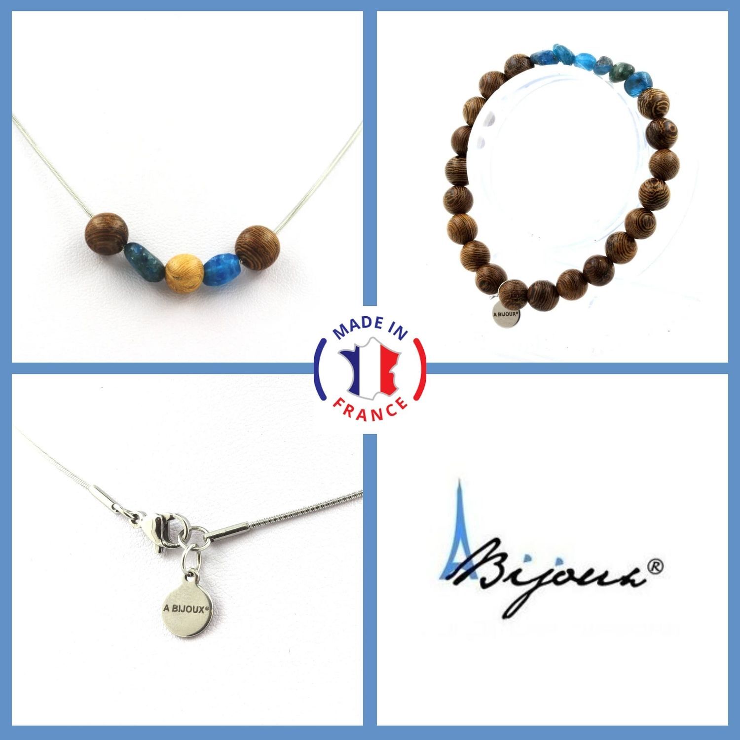 Collier et bracelet en apatite bleue et perles de bois 8mm