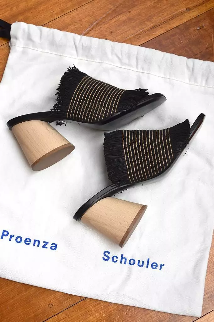 PROENZA SCHOULER Black Raffia Fringe Leather Combo Wooden Heel