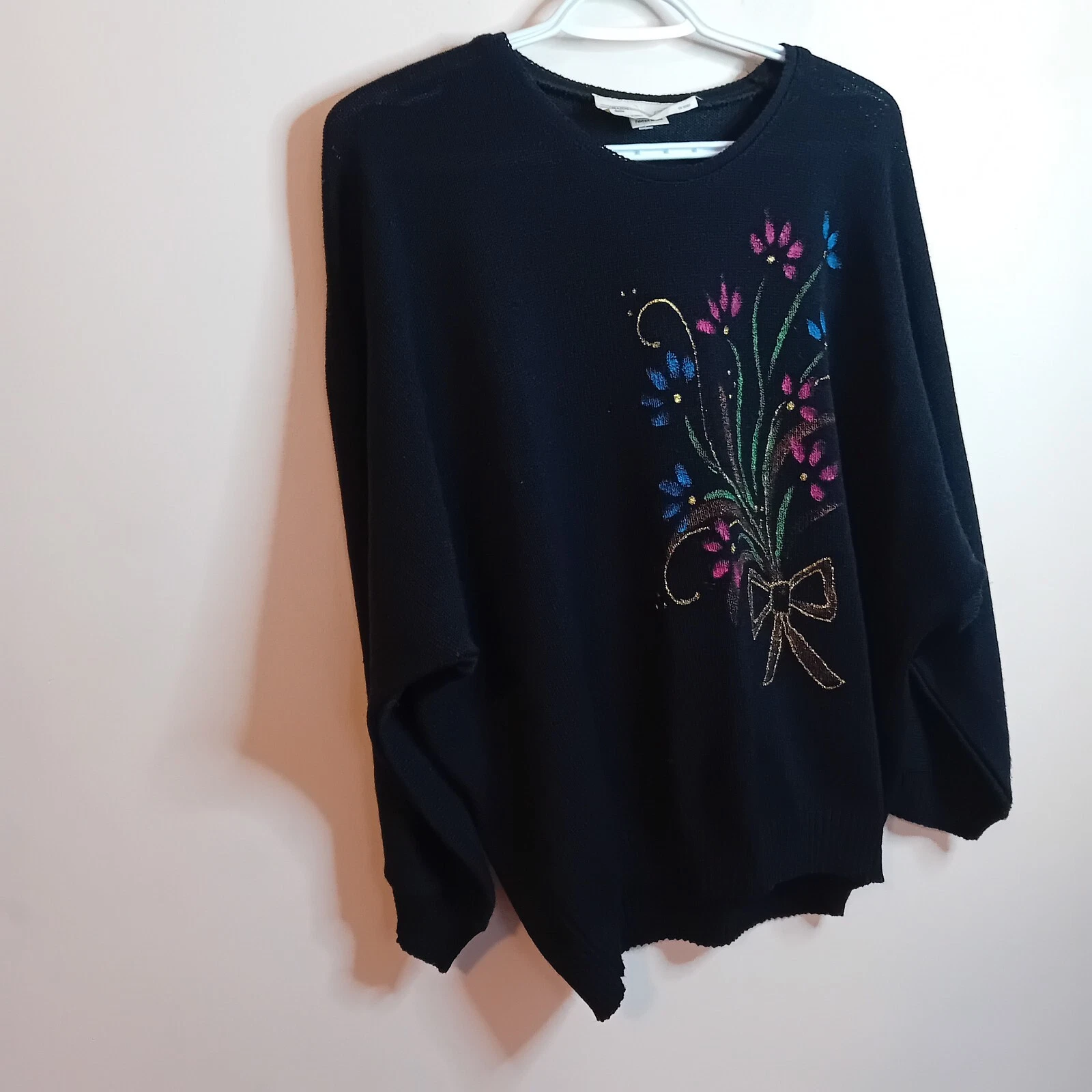 Maglione donna vintage Sara Valentino fiori neon accogliente invernale maglia calda XL