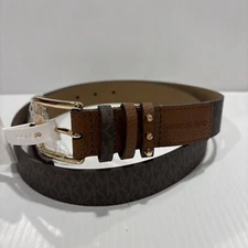 MICHAEL KORS BELT WITH PRINTED MK LOGO TRIPLE BELT LOOP W/ STUDS BROWN Sz Medium
