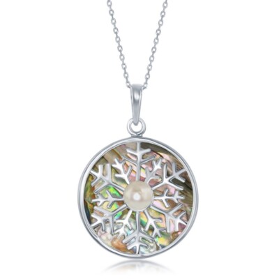 Round Abalone Snowflake w/ Center Freshwater Pearl Pendant w/chain