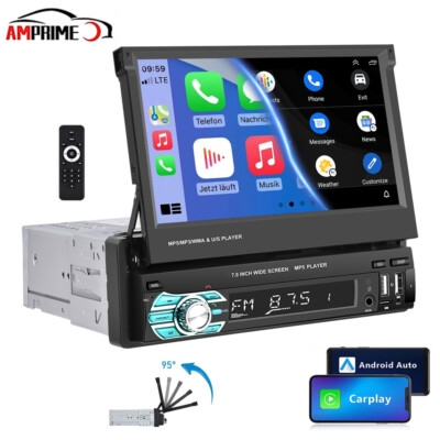 Single 1DIN 7'' Flip Out Autoradio Apple Carplay GPS Nav FM USB BT MP5 Player Mic