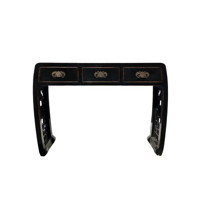 Black Lacquer Curve Panel Legs 3 Drawers Slim Foyer Side Table cs7370