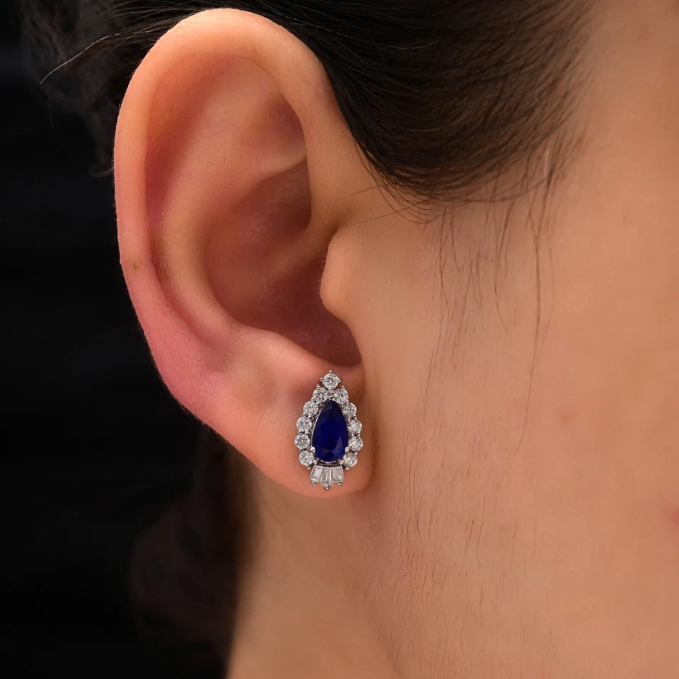 2.37 Tcw Lab Grown CVD Diamond Blue Sapphire Pear Stud Earrings 14k White Gold - Image 2 of 4