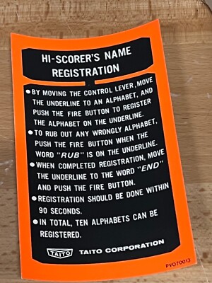 NOS Taito Space Invaders part II cocktail Hi-Score Registration sheet