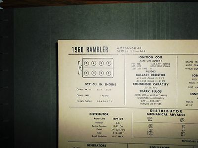 1960 Rambler EIGHT Series Ambassador 80 Models 327 CI V8 Tune Up Chart
