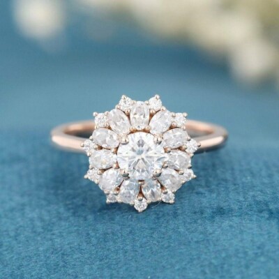 Floral Design Sterling Silver Moissanite Round Cut Anniversary Ring For His Wife