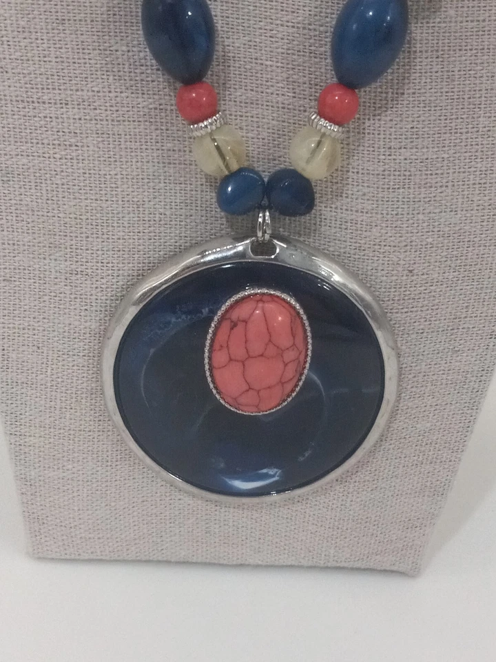 Chico's Black Leather Cord Beaded Necklace Blue Enamel natural stone pendant - Image 2 of 4