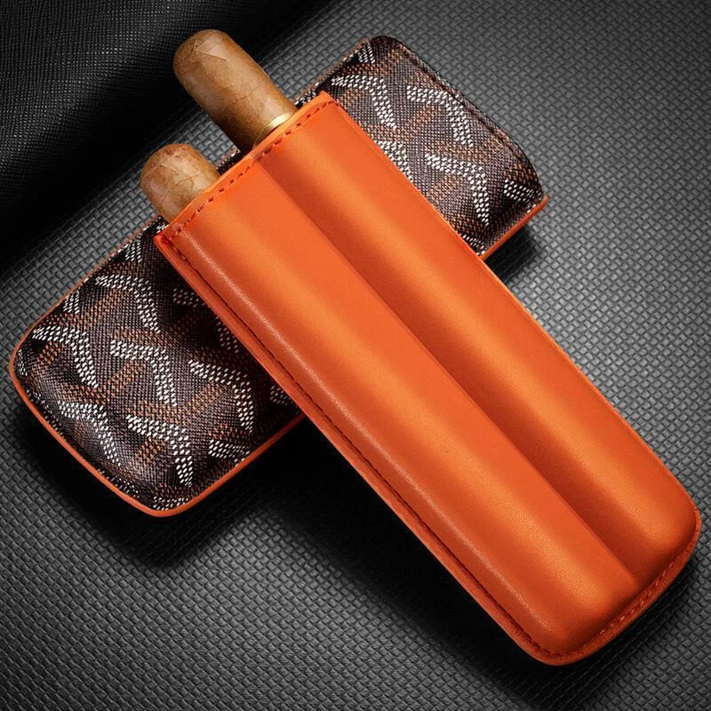 Travel Pocket Orange Cow Leather Case Holder 2 Tube Portable Cigar Humidor Box - Image 4 of 4