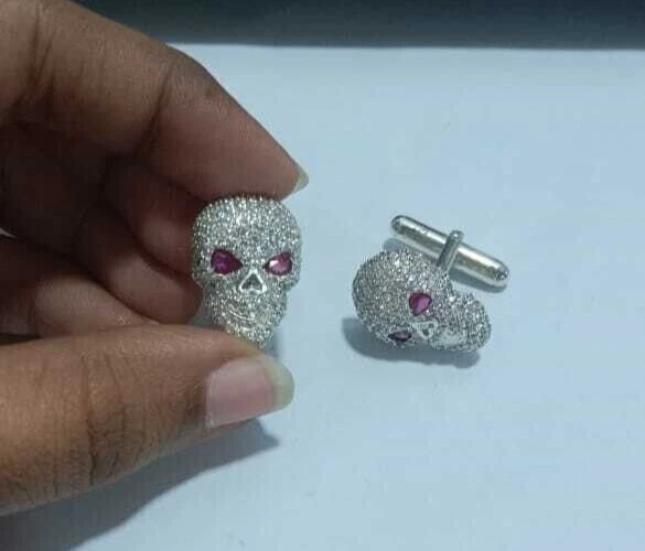 Men's Skull Face Cufflink Lab Created Ruby 2Carat 14k White Gold Plated Silver - Image 3 of 4