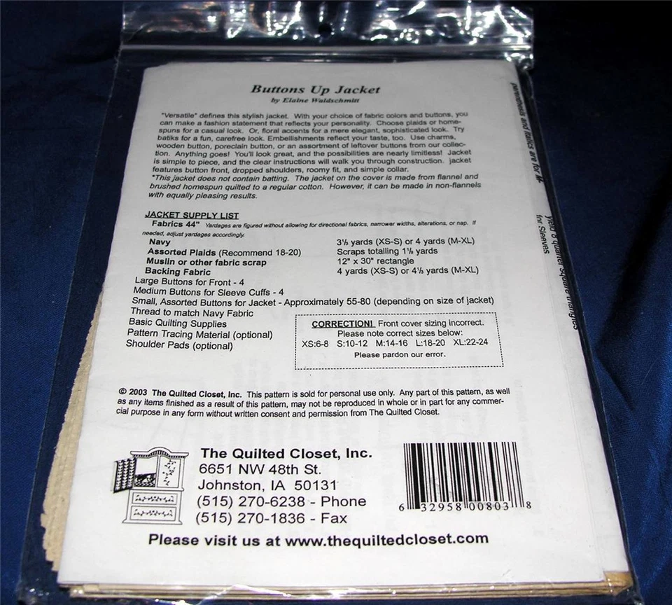 QUILTED CLOSET ELAINE WALDSCHMITT WOMENS XS-XL BUTTON EMBELLISHED JACKET PATTERN - Image 2 of 2