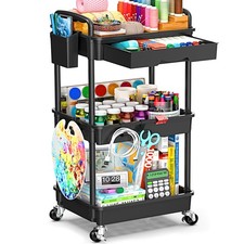 3 Tier Rolling Storage Carts with Removable Drawers, Lockable Wheels, Hooks ...