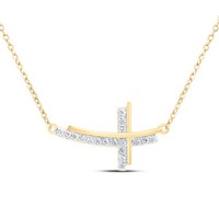 "10K Gelbgold Echter Diamant Damen Seitlich Doppeltes Kreuz 18\" Halskette 1/5 Ct"
