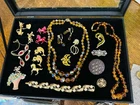 Vintage Lot Of 20 Costume Jewelry Amber Glass Necklace Bracelet, Earrings Pins