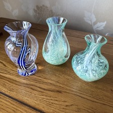 Vintage Caithness Glass Set Of 3 Swirl Pattern Small Vases Turquoise, Blue 