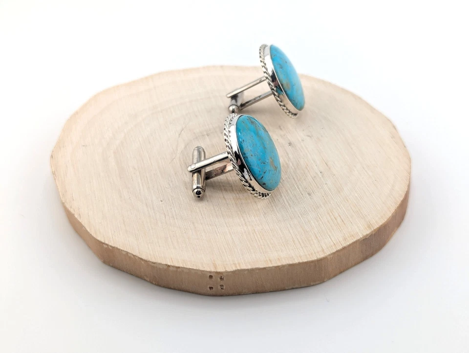 Men's Cuff Links Sterling Silver Kingman Turquoise Stone Navajo Accessory - Image 3 of 4