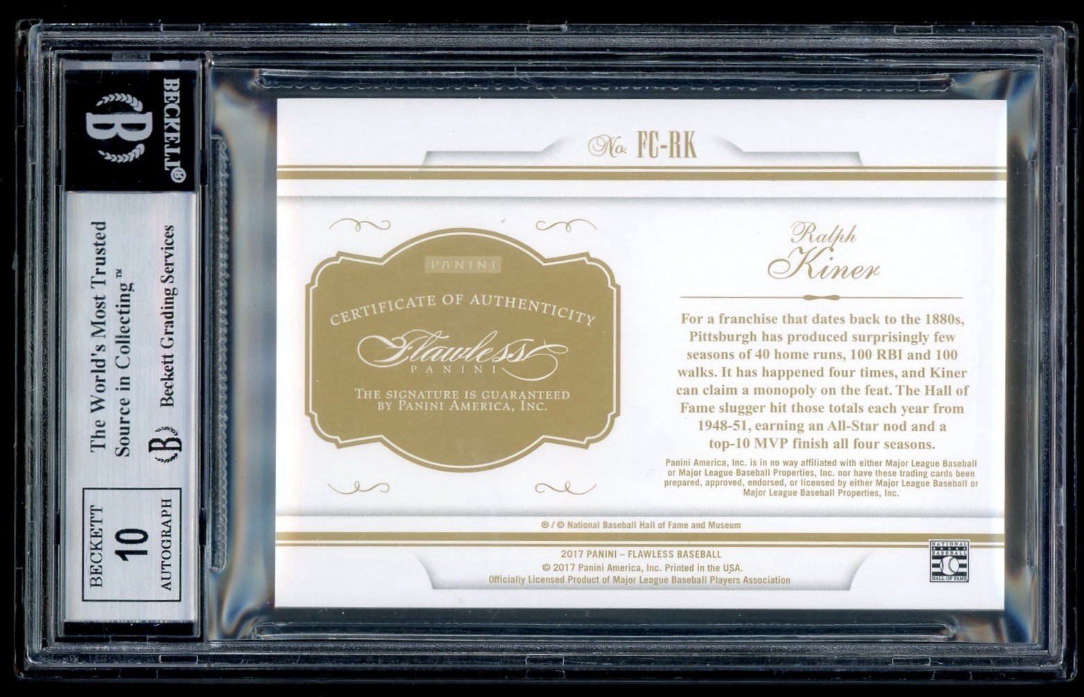 2017 Panini Flawless Cuts Ralph Kiner Cut Autograph Auto Silver Holo /25 BGS 8.5 view 2