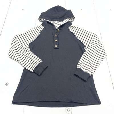 HEIMISH U.S.A Shirt Womens Small Black Stripe Hooded Henley Waffle Tunic Top