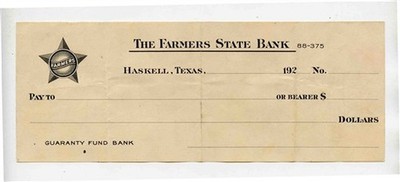 Farmers State Bank Haskell Texas 1920's Blank Check with Will Written on Back 