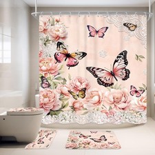 4 PCS Butterfly Shower Curtain Set 72Wx72H Inch Pink Floral Girly Flower Peon...