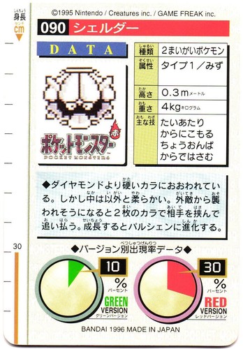 Pokemon Japanese Shellder Bandai Carddass Vending Red Version No. 090 - Picture 9 of 9