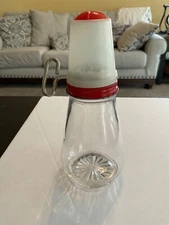 Vintage Glass Hand Crank Nut Chopper Grinder with Plastic Measuring Cup Top 7.5”
