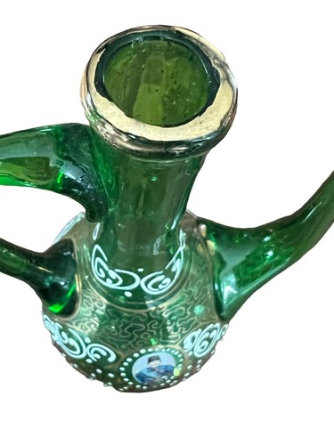 Vintage Ottoman/Turkish Gilded Green Glass Ewer w/ Portrait - Picture 7 of 12