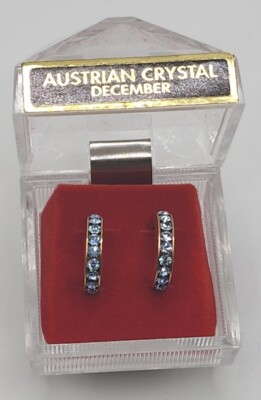 Austrian Crystal Blue Stone Sparkly Gold Tone December Birthday Hoop Earrings 