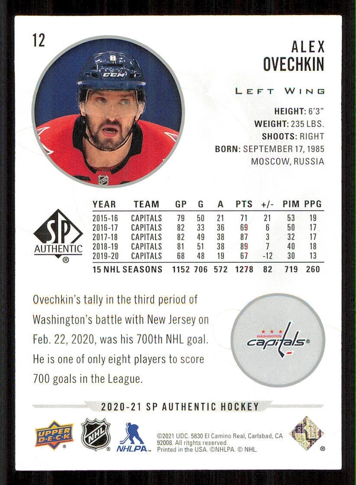 2020-21 SP Authentic #12 Alex Ovechkin - Image 2 of 2