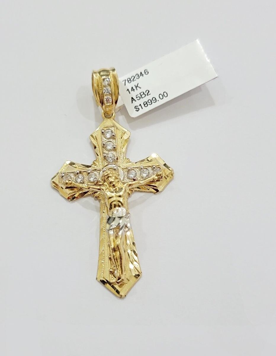 14k Yellow Gold Cross Charm Pendant Jesus Crucifix 2 Inch With CZ
